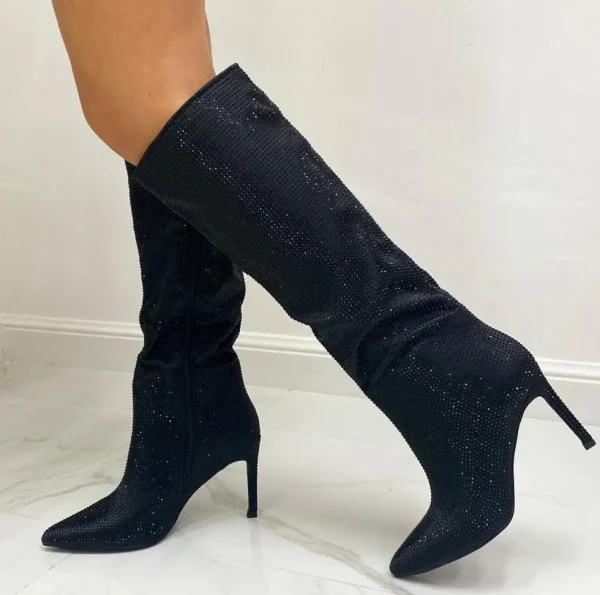 Primi Tacchi Glamour - Stivali Donna Alto Tacco Spillo Punta Strass Nero Fashion