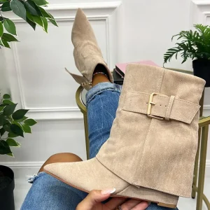 Primi Tacchi Hadiya - Stivale Basso Scarpe Zeppa Punta Beige Outlet