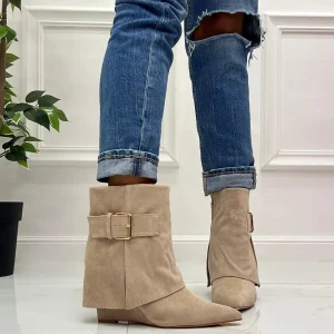 Primi Tacchi Hadiya - Stivale Basso Scarpe Zeppa Punta Beige Outlet