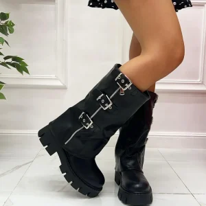 Primi Tacchi Hannah - Stivale Donna Anfibio Alto Fibbie Nero Fashion