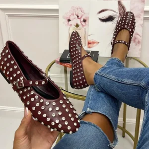 Primi Tacchi Haven - Scarpe Donna Ballerine Cinturino Borchie Casual Bordeaux Fashion