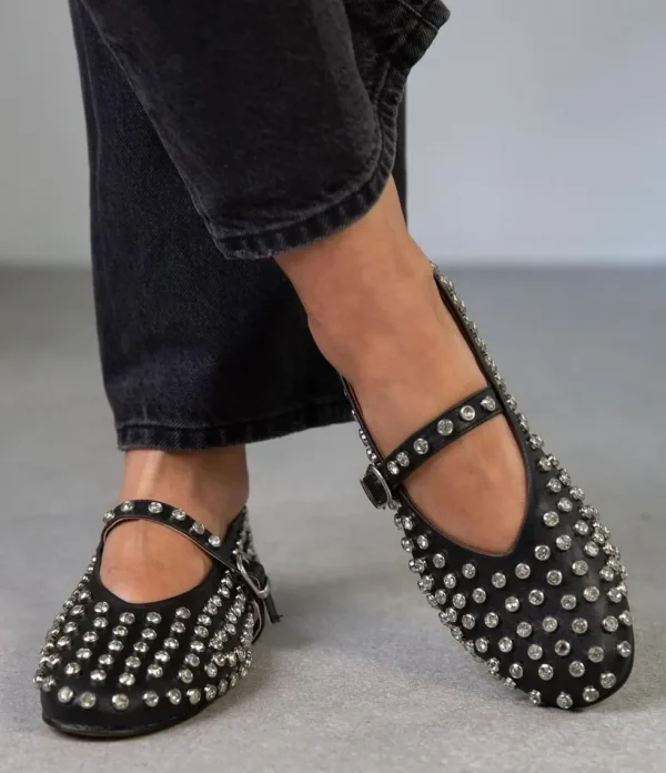 Primi Tacchi Haven - Scarpe Donna Ballerine Cinturino Borchie Casual Nero Best