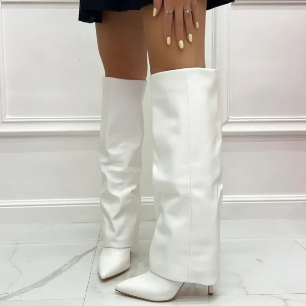 Primi Tacchi Ilenia - Stivale Alto Donna Scarpa Punta Tacco Spillo Bianco Discount