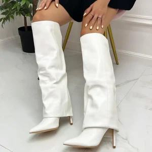 Primi Tacchi Ilenia - Stivale Alto Donna Scarpa Punta Tacco Spillo Bianco Discount