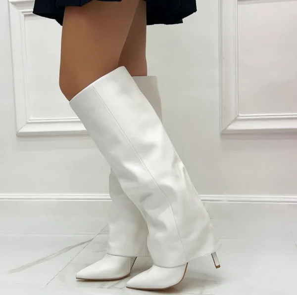 Primi Tacchi Ilenia - Stivale Alto Donna Scarpa Punta Tacco Spillo Bianco Discount
