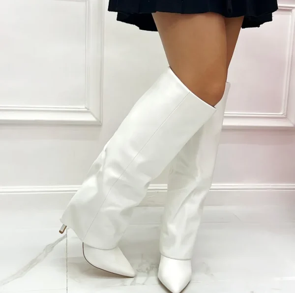 Primi Tacchi Ilenia - Stivale Alto Donna Scarpa Punta Tacco Spillo Bianco Discount