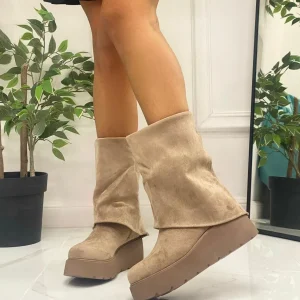 Primi Tacchi Jenny - Stivale Basso Scarpe Zeppa Punta Tonda Beige Sale