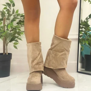 Primi Tacchi Jenny - Stivale Basso Scarpe Zeppa Punta Tonda Beige Sale