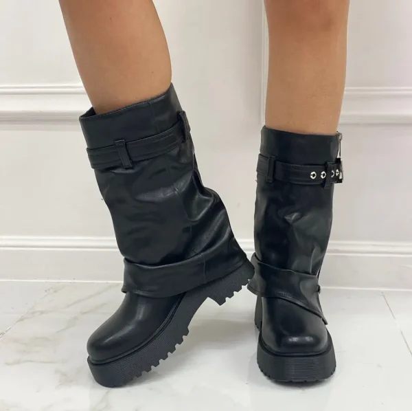Primi Tacchi Joly - Stivale Donna Anfibio Alto Fibbie Nero New