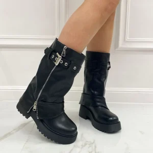 Primi Tacchi Joly - Stivale Donna Anfibio Alto Fibbie Nero New