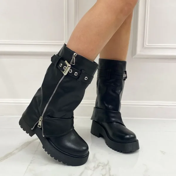 Primi Tacchi Joly - Stivale Donna Anfibio Alto Fibbie Nero New