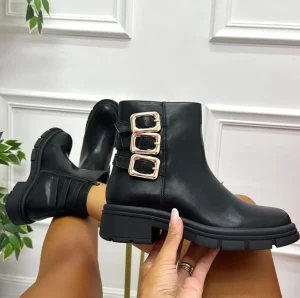 Primi Tacchi Kami - Stivaletto Anfibio Donna Scarpa Basso Casual Fibbia Nero Fashion