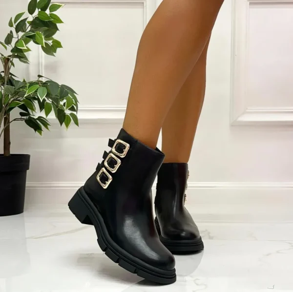 Primi Tacchi Kami - Stivaletto Anfibio Donna Scarpa Basso Casual Fibbia Nero Fashion