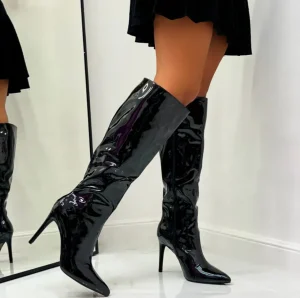 Primi Tacchi Killy - Stivale Donna Lucido Alto Punta Cerniera Tacco Spillo Elegante NERO Fashion