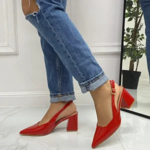 Primi Tacchi Leyla - Decolleté Donna Punta Scarpa Tacco Quadrato Vernice Rosso Clearance