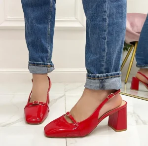 Primi Tacchi Lisa - Décolleté Donna Scarpa Cinturino Tacco Quadrato Elegante Rosso Hot