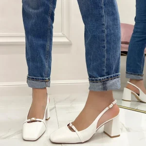 Primi Tacchi Lisa - Décolleté Donna Scarpa Cinturino Tacco Quadrato Elegante Bianco Fashion