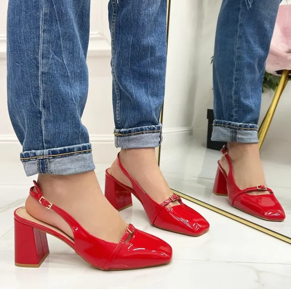 Primi Tacchi Lisa - Décolleté Donna Scarpa Cinturino Tacco Quadrato Elegante Rosso Hot