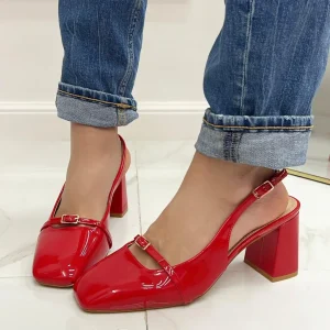 Primi Tacchi Lisa - Décolleté Donna Scarpa Cinturino Tacco Quadrato Elegante Rosso Hot