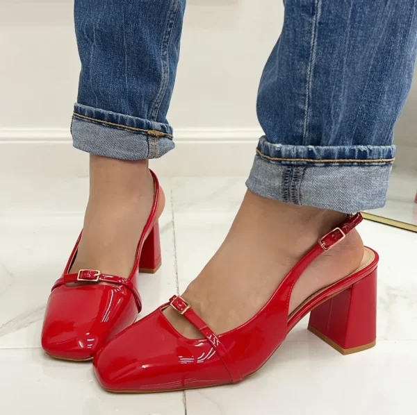 Primi Tacchi Lisa - Décolleté Donna Scarpa Cinturino Tacco Quadrato Elegante Rosso Hot