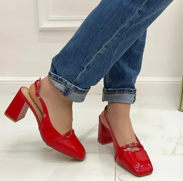 Primi Tacchi Lisa - Décolleté Donna Scarpa Cinturino Tacco Quadrato Elegante Rosso Hot