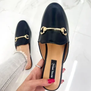 Primi Tacchi Luna - Sabot Mules Pantofolina Donna Flat Punta Tallone Scoperto Nero Clearance