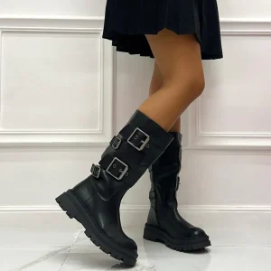 Primi Tacchi Mara - Stivale Donna Anfibio Alto Fibbie NERO Sale
