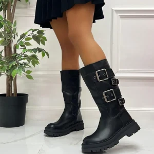 Primi Tacchi Mara - Stivale Donna Anfibio Alto Fibbie NERO Sale
