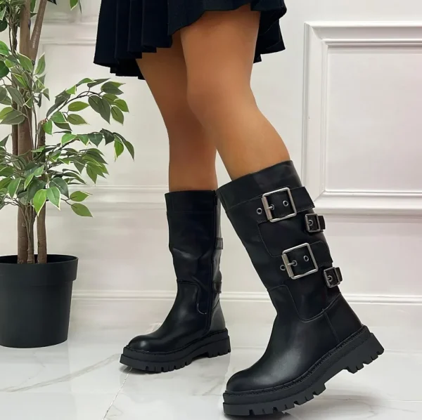 Primi Tacchi Mara - Stivale Donna Anfibio Alto Fibbie NERO Sale
