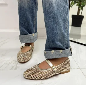 Primi Tacchi Marina - Scarpe Donna Ballerine Casual Strass Oro New