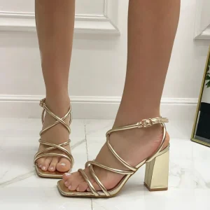 Primi Tacchi Marisol - Sandalo Donna Scarpa Tacco Punta Quadrata Incroci Oro Discount