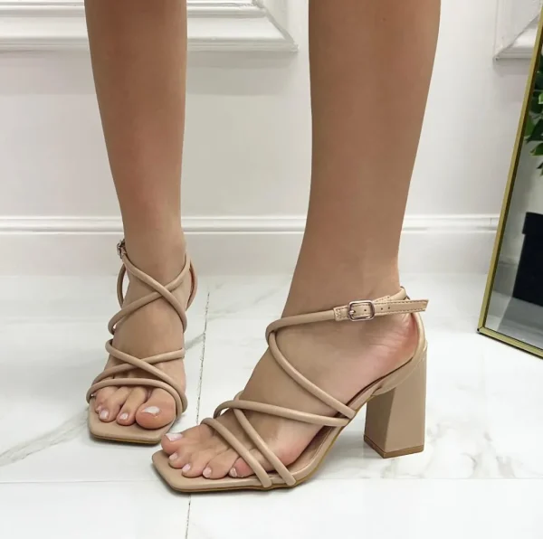 Primi Tacchi Marisol - Sandalo Donna Scarpa Tacco Punta Quadrata Incroci Nude Hot