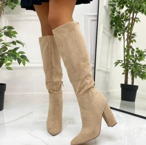 Primi Tacchi Maya - Stivali Donna Tacco Quadrato Alto Punta BEIGE Clearance