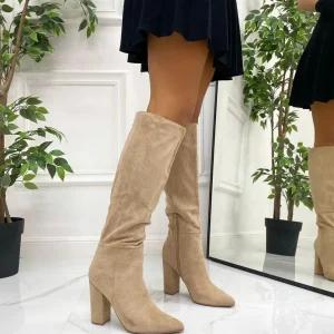 Primi Tacchi Maya - Stivali Donna Tacco Quadrato Alto Punta BEIGE Clearance