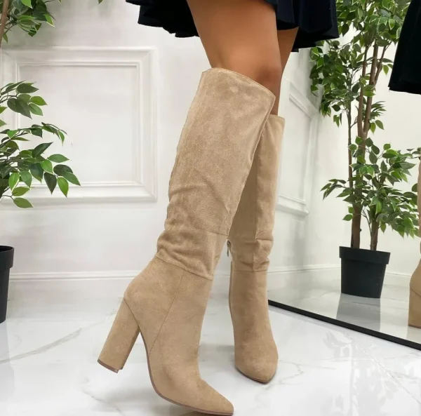 Primi Tacchi Maya - Stivali Donna Tacco Quadrato Alto Punta BEIGE Clearance