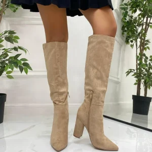 Primi Tacchi Maya - Stivali Donna Tacco Quadrato Alto Punta BEIGE Clearance