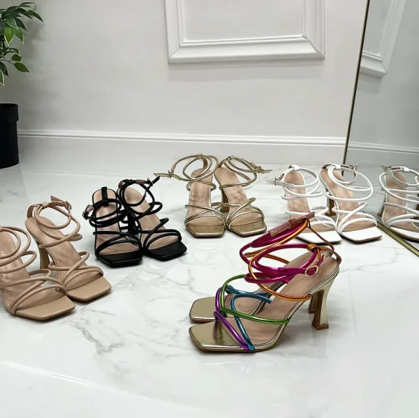 Primi Tacchi Megan - Sandalo Donna Scarpe Tacco Punta Quadrata Oro Fashion
