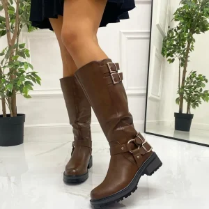 Primi Tacchi Mia - Stivale Donna Alto Punta Tonda Donna Fibbie Marrone Outlet