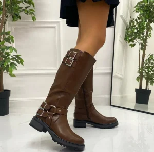 Primi Tacchi Mia - Stivale Donna Alto Punta Tonda Donna Fibbie Marrone Outlet