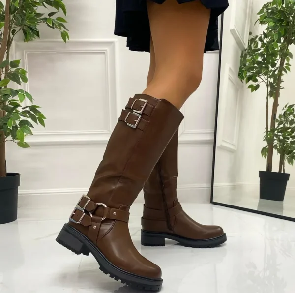 Primi Tacchi Mia - Stivale Donna Alto Punta Tonda Donna Fibbie Marrone Outlet