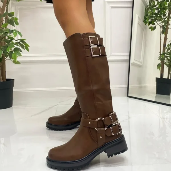 Primi Tacchi Mia - Stivale Donna Alto Punta Tonda Donna Fibbie Marrone Outlet