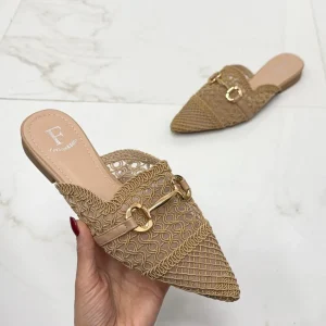 Primi Tacchi Mindy - Sabot Mules Pantofolina Donna Flat Punta Tallone Scoperto Beig New