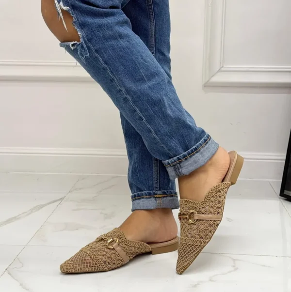 Primi Tacchi Mindy - Sabot Mules Pantofolina Donna Flat Punta Tallone Scoperto Beig New