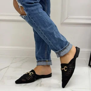 Primi Tacchi Mindy - Sabot Mules Pantofolina Donna Flat Punta Tallone Scoperto Nero Discount