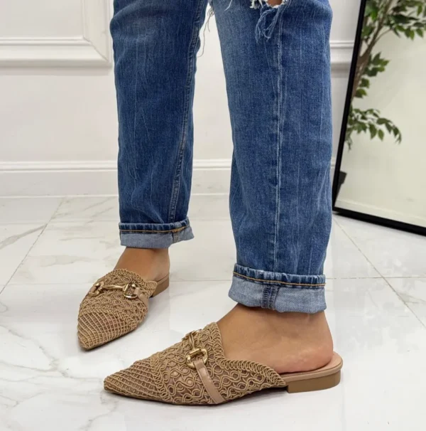 Primi Tacchi Mindy - Sabot Mules Pantofolina Donna Flat Punta Tallone Scoperto Beig New