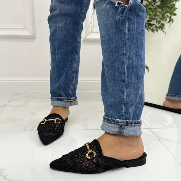 Primi Tacchi Mindy - Sabot Mules Pantofolina Donna Flat Punta Tallone Scoperto Nero Discount