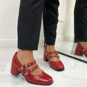 Primi Tacchi Morena - Décolleté Donna Punta Tacco Basso Quadrato Lucido ROSSO New