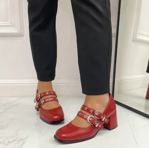 Primi Tacchi Morena - Décolleté Donna Punta Tacco Basso Quadrato Lucido ROSSO New