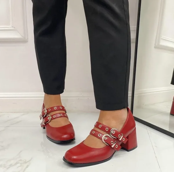 Primi Tacchi Morena - Décolleté Donna Punta Tacco Basso Quadrato Lucido ROSSO New