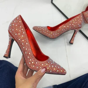 Primi Tacchi Natalie - Scarpe Décolleté Strass Elegante Tacco Rosso Outlet